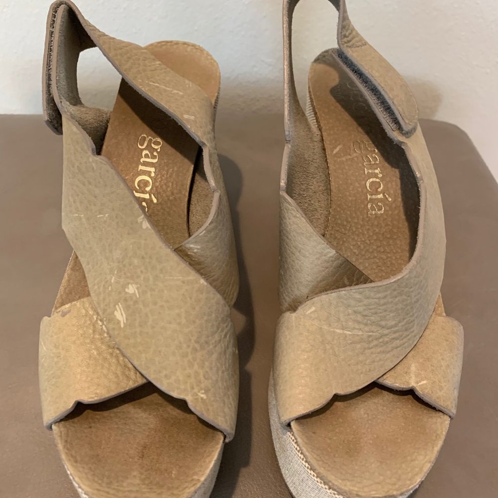 Pedro Garcia Beige Leather Wedge Sandals, 38/7.5